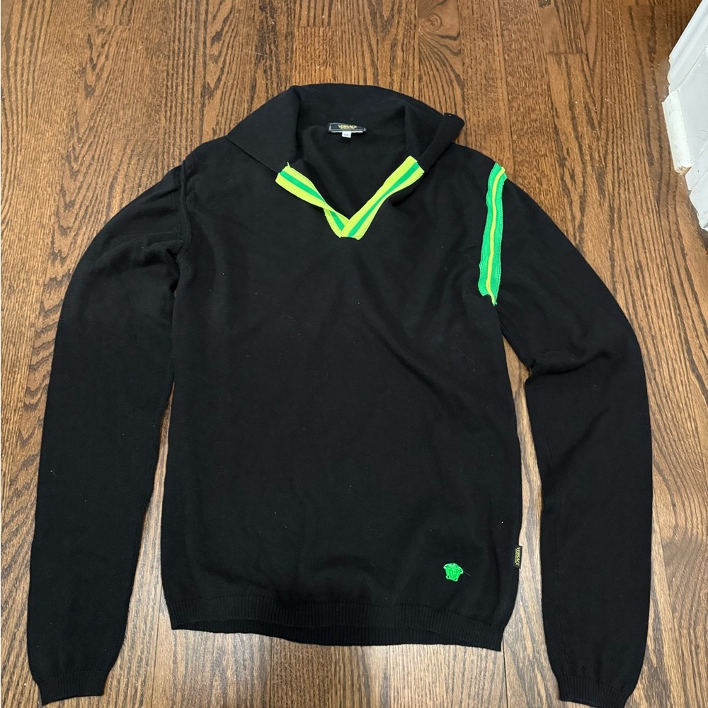 Versace Black V-Neck Sweater with Green Highlights